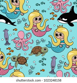 Mermaid and animal under the sea seamless pattern and vector.