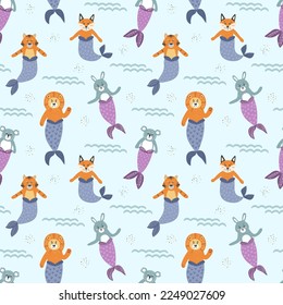 Mermaid animals lion, tiger, fox, hare, koala. Marine pattern for children. Seamless pattern