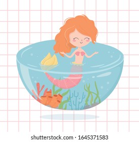 mermaid aquarium cartoon under the sea grid background vector illustration