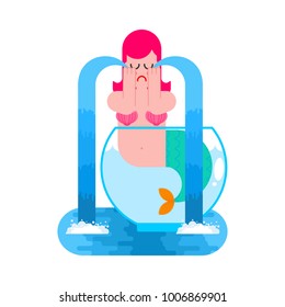Mermaid In aquarium Crying. Mythical sad woman with fish tail. Underwater female weep with tears. Vector illustrator
