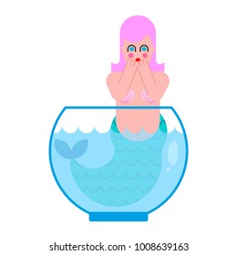 Mermaid In aquarium Frightened. Mythical sad woman with fish tail. Underwater female. Vector illustrator