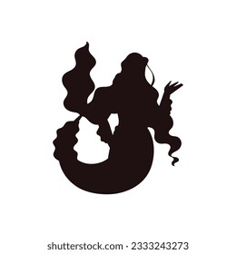 Mermaid aquatic creature, black silhouette, flat vector illustration isolated on white background. Folklore mythological character half human and half fish.