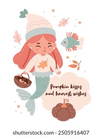 A mermaid in autumn clothes collects mushrooms in a basket. Autumn poster with text.Unusual combination. Surrealism.