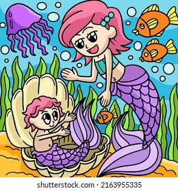 Mermaid With A Baby Colored Cartoon Illustration