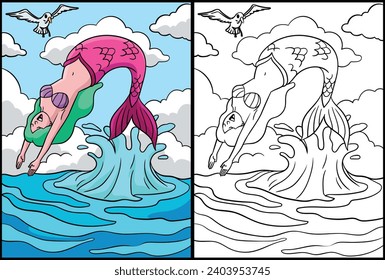 Mermaid Backflips Coloring Page Illustration