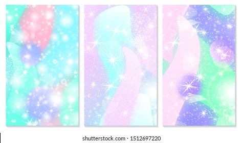 Mermaid background. Fantasy universe. Unicorn pattern. Mermaid rainbow. Holographic magic stars. Cover set. Fairy Rainbow fantasy universe background.