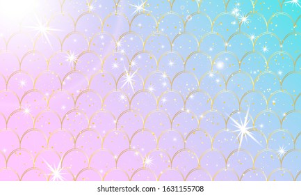 Mermaid background. Fantasy universe. Unicorn pattern. Fish scale. Rainbow fantasy universe background.