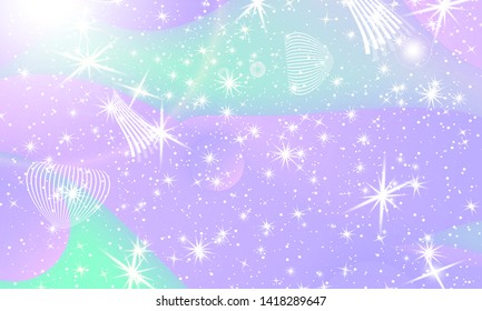 Mermaid background. Rainbow galaxy. Fantasy stars. Pastel colors. Princess color waves. Rainbow mermaid kawaii pattern.