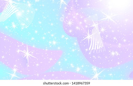 Mermaid background. Rainbow galaxy. Fantasy stars. Pastel colors. Princess color waves. Rainbow mermaid kawaii pattern.
