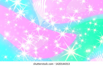 Mermaid background. Rainbow galaxy. Fantasy stars. Pastel colors. Princess color waves. Rainbow mermaid kawaii pattern.