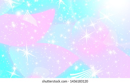 Mermaid background. Rainbow galaxy. Fantasy stars. Pastel colors. Princess color waves. Rainbow mermaid kawaii pattern.