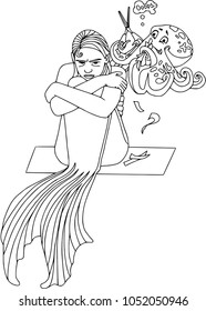 Mermaid with bad haircut and stylist octopus . Cartoon characters, isolated on white, coloring outline