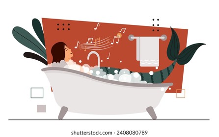 Mermaid in bathroom concept. Young girl with fish tale. Fairy tale and fictional character taking bath with bubble soap. Fantasy, imagination and dream. Cartoon flat vector illustration