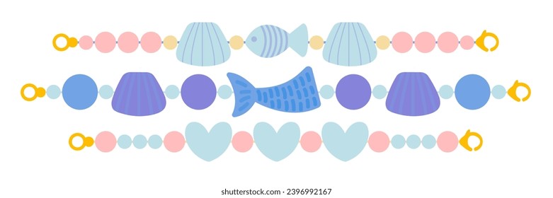 Mermaid beaded bracelets flat vector set. Trendy fashion bead bracelets