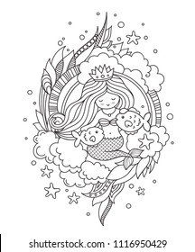 Mermaid with beautiful long hair and two little fish. Illustration for coloring book, print, card, t-shirt, poster.