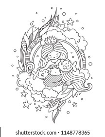 Mermaid with beautiful long hair and two little fish. Illustration for coloring book, print, card, t-shirt, poster.