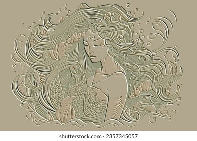 Sirena. Hermoso embellecimiento texturizado de líneas 3d ninfa de agua con largos pelos. Fondo de patrón vectorial unitario emboscado. Fondo superficial. Ornamentos de nixie dorado de la línea de socorro Textura ornamentada de Grunge.