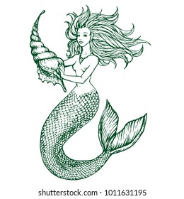 Mermaid with big sink shelloutline hand drawn doodle ink sketch stock vector illustration line art for coloring book page