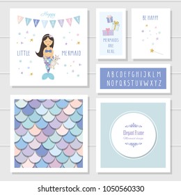 Mermaid birthday card templates set. Included fish skin seamless pattern and narrow hand drawn font. Vector