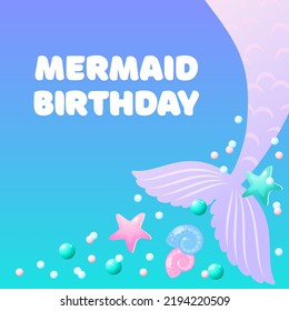 Mermaid birthday. Cute background decorated with of mermaid tails, shell, pearls and star fish. Vector 10 EPS.