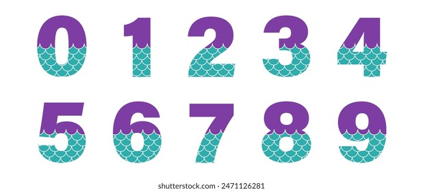 Mermaid birthday number 0-9 set. Clipart image isolated on white background