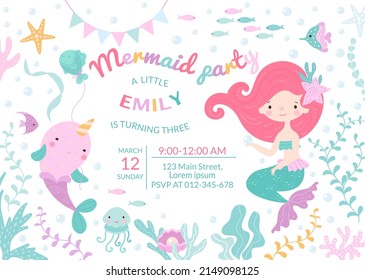 Fiesta de cumpleaños de sirena para la plantilla de cartel de bebé. Caricatura de adorables chicas invitan, peces de mar y elementos del mundo de los cuentos submarinos. La princesa pequeña hoy en el fondo vectorial