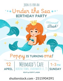 Mermaid birthday party invitation card. Vertical template with a mermaid princess and text for a kids' party. Happy birthday and underwater concept. Celebrating a first anniversary.