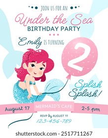 Mermaid birthday party invitation card. Vertical template with a mermaid princess and balloon with number 2 for a kids' party. Happy birthday and underwater concept. Celebrating a second anniversary.