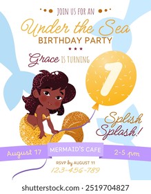 Mermaid birthday party invitation card. Vertical template with a mermaid princess and balloon with number 1 for a kids' party. Happy birthday and underwater concept. Celebrating a first anniversary.
