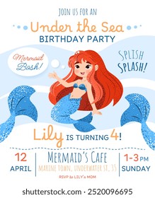 Mermaid birthday party invitation card. Vertical template with a mermaid princess and text for a kids' party. Happy birthday and underwater concept. Celebrating a fourth anniversary.