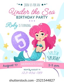 Mermaid birthday party invitation card. Vertical template with a mermaid princess and balloon with number 5 for a kids' party. Happy birthday and underwater concept. Celebrating a fifth anniversary.