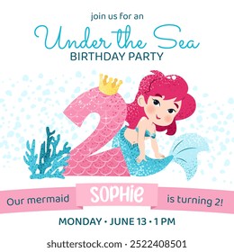Mermaid birthday party invitation card. Square template with a mermaid princess and number 2 for a kids' party. Happy birthday and underwater concept. Celebrating a second anniversary.