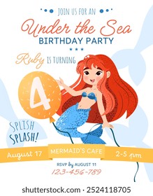 Tarjeta de invitación de fiesta de cumpleaños de sirena. Plantilla de Vertical con una princesa sirena y globo con el número 4 para una fiesta infantil. Feliz cumpleaños y concepto submarino. Celebrando un cuarto aniversario.