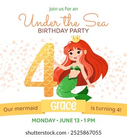 Mermaid birthday party invitation card. Square template with a mermaid princess and number 4 for a kids' party. Happy birthday and underwater concept. Celebrating a fourth anniversary.