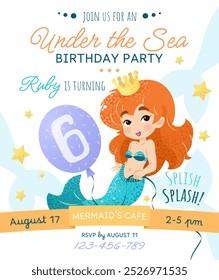 Mermaid birthday party invitation card. Vertical template with a mermaid princess and balloon with number 6 for a kids' party. Happy birthday and underwater concept. Celebrating a sixth anniversary.