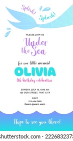 Mermaid birthday party invitation template. Under the sea background decorated with mermaid tails. Can be used for web, social networks and stories. Vector 10 EPS.