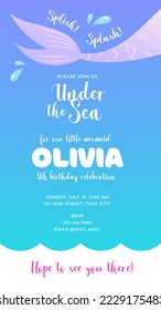 Mermaid birthday party invitation template. Under the sea background decorated with mermaid tails. Can be used for web, social networks and stories. Vector 10 EPS.