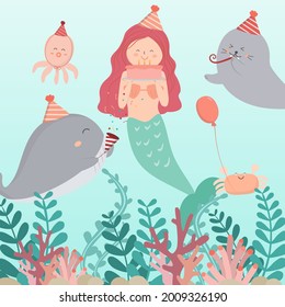 Mermaid Birthday party. Octopus, Seal, Crab and Whale Host a birthday party for a beautiful undersea mermaid. There are algae and coral. Everyone is having fun and having fun. flat vector illustration