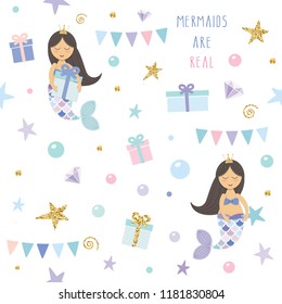 Mermaid birthday seamless pattern background. Cute cartoon characters. Vector