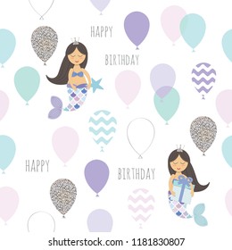 Mermaid birthday seamless pattern background. Cute cartoon characters. Vector