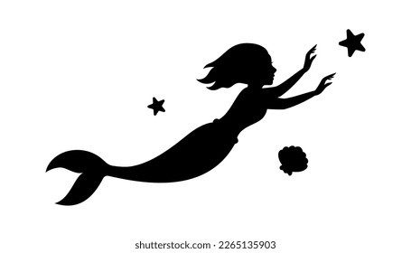 Mermaid black silhouette. Little creature with tail. Magical mermaids logo. Mythical tale character in water