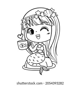 Mermaid In Black and white coloring page, Kawaii girl fish, isolated on white background, Vector Illustration