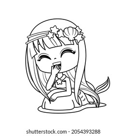Mermaid In Black and white coloring page, Kawaii girl fish, isolated on white background, Vector Illustration