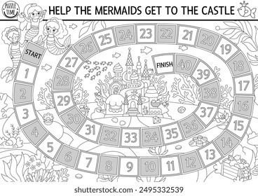 Mermaid black and white dice board game for children with cute sea princess and castle. Marine line boardgame with fish.  Fairytale ocean kingdom printable activity, worksheet, coloring page