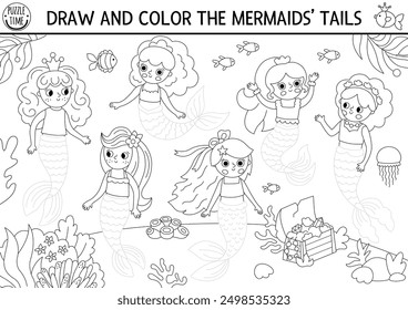 Mermaid black and white drawing, writing, tracing and coloring activity for kids with sea princess and tails. Ocean kingdom preschool printable coloring page. Marine fairytale game, puzzle