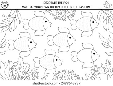 Mermaid black and white drawing, writing, tracing printable activity for kids with sea animals, underwater background. Decorate the fish. Ocean kingdom coloring page. Marine game, puzzle