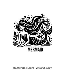 Mermaid black and white flat vector illustration.