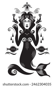 Mermaid, black and white graphic illustration, stylized minimalist shapes, nymph character