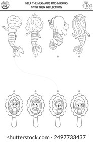 Mermaid black and white matching activity with front and back view. Marine puzzle with sea princess reflections in mirror. Ocean kingdom printable line worksheet. Fairytale logical coloring page