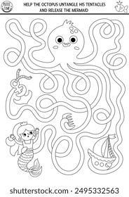 Laberinto blanco y negro de sirena para niños en forma de tentáculos de pulpo con barco. Actividad marina imprimible. Cuento de hadas océano reino laberinto juego, página para colorear. Hoja de trabajo con sea princess